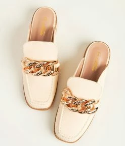 Mata Group Cream & Rhinestone Loafer Mule Flats