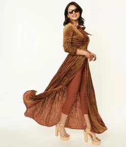 Unique Vintage Olive Green & Rust Devore Velvet Tallullah Duster Sale