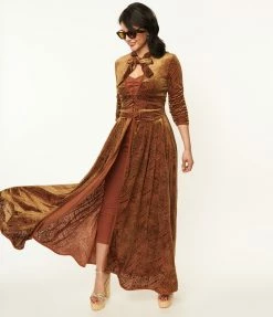 Unique Vintage Olive Green & Rust Devore Velvet Tallullah Duster Sale