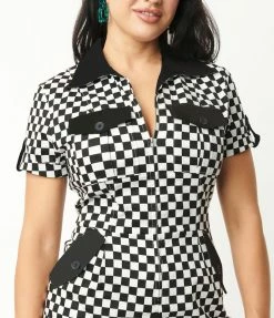 Sale Unique Vintage Black & White Checkered Cargo Jumpsuit
