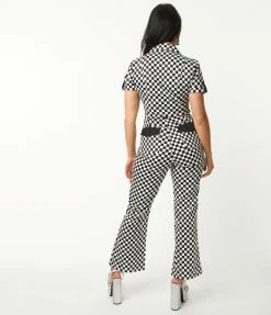 Sale Unique Vintage Black & White Checkered Cargo Jumpsuit