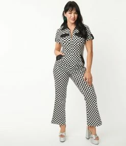 Sale Unique Vintage Black & White Checkered Cargo Jumpsuit