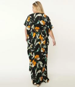 Clothing Unique Vintage Black & Orange Floral Burton Caftan Dress