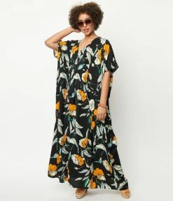 Clothing Unique Vintage Black & Orange Floral Burton Caftan Dress