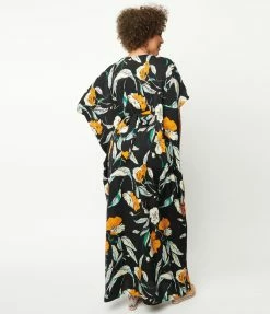 Clothing Unique Vintage Black & Orange Floral Burton Caftan Dress