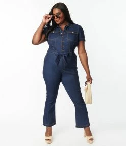 Clothing Unique Vintage Plus Size Dark Denim Bexley Flare Jumpsuit
