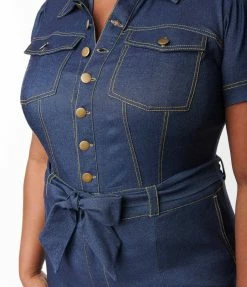 Clothing Unique Vintage Plus Size Dark Denim Bexley Flare Jumpsuit