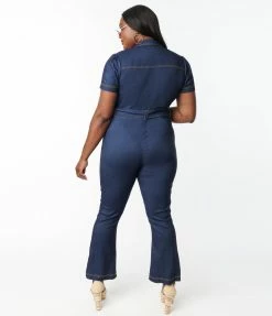 Clothing Unique Vintage Plus Size Dark Denim Bexley Flare Jumpsuit