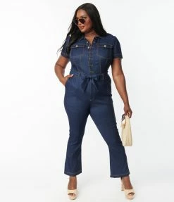 Clothing Unique Vintage Plus Size Dark Denim Bexley Flare Jumpsuit