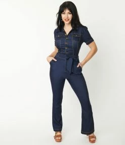 Clothing Unique Vintage Dark Denim Bexley Flare Jumpsuit
