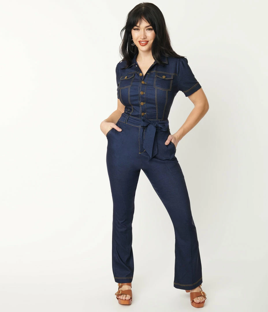 Clothing Unique Vintage Dark Denim Bexley Flare Jumpsuit