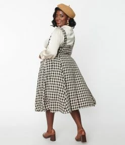 Unique Vintage Plus Size Tan & Black Plaid Suspender Amma Swing Skirt Clothing