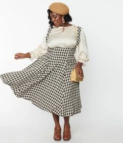 Unique Vintage Plus Size Tan & Black Plaid Suspender Amma Swing Skirt Clothing