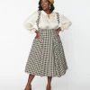 Unique Vintage Plus Size Tan & Black Plaid Suspender Amma Swing Skirt Clothing