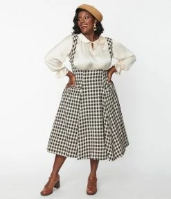 Unique Vintage Plus Size Tan & Black Plaid Suspender Amma Swing Skirt Clothing