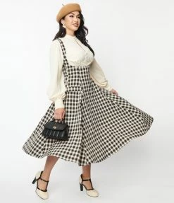Clothing Unique Vintage Tan & Black Plaid Suspender Amma Swing Skirt