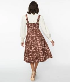 Unique Vintage Brown & Cream Floral Amma Suspender Swing Skirt