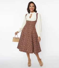 Unique Vintage Brown & Cream Floral Amma Suspender Swing Skirt