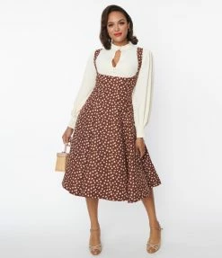 Unique Vintage Brown & Cream Floral Amma Suspender Swing Skirt