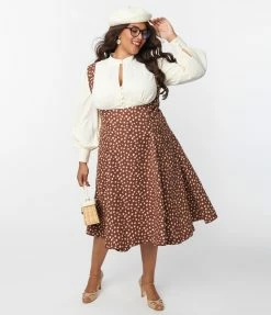 Unique Vintage Plus Size Brown & Cream Floral Amma Suspender Swing Skirt Clothing