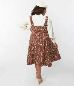 Unique Vintage Plus Size Brown & Cream Floral Amma Suspender Swing Skirt Clothing