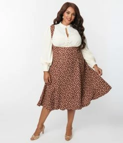 Unique Vintage Plus Size Brown & Cream Floral Amma Suspender Swing Skirt Clothing