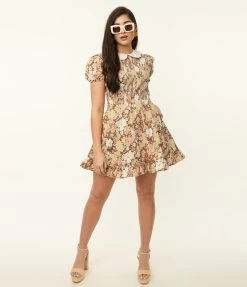 Smak Parlour Brown & Pink Floral Smocked Fit & Flare Dress Sale