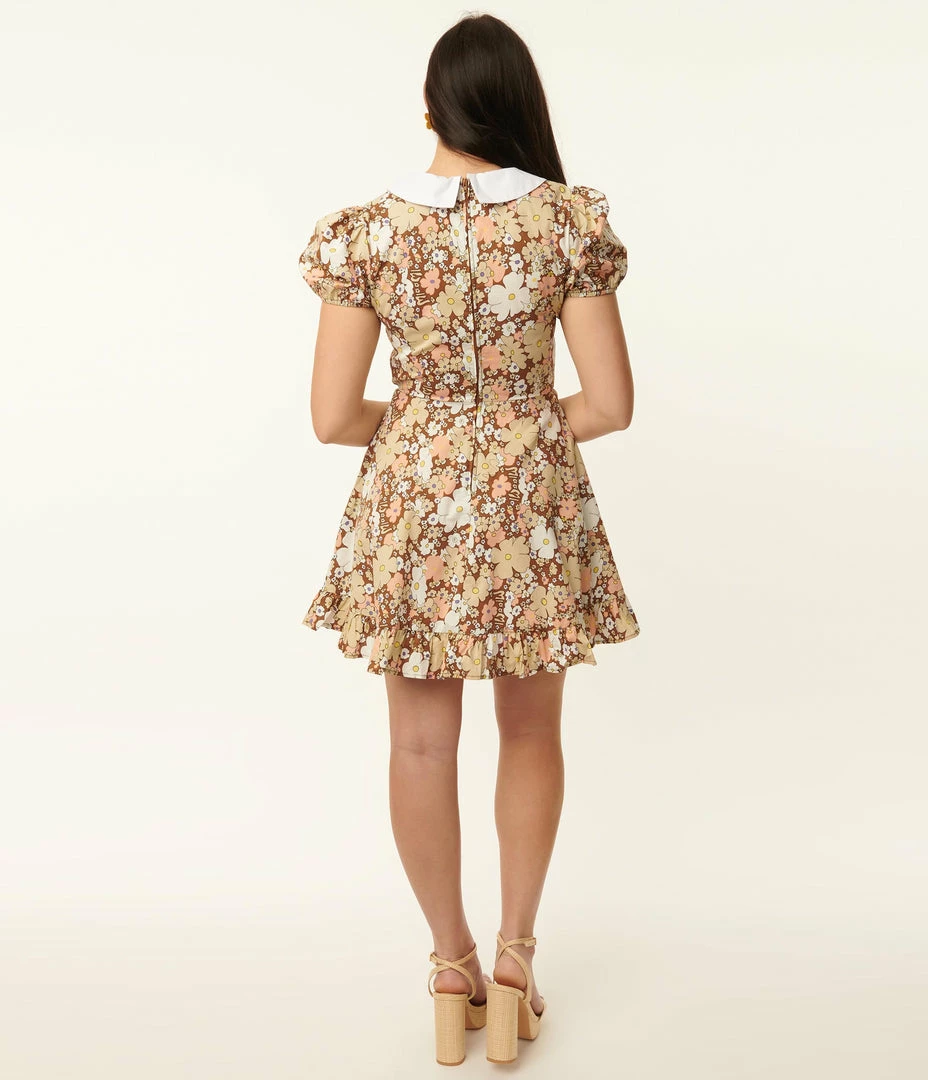 Smak Parlour Brown & Pink Floral Smocked Fit & Flare Dress Sale