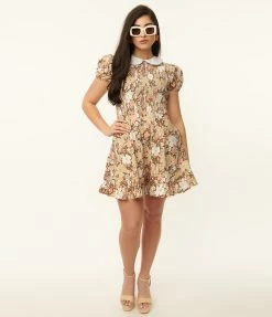 Smak Parlour Brown & Pink Floral Smocked Fit & Flare Dress Sale