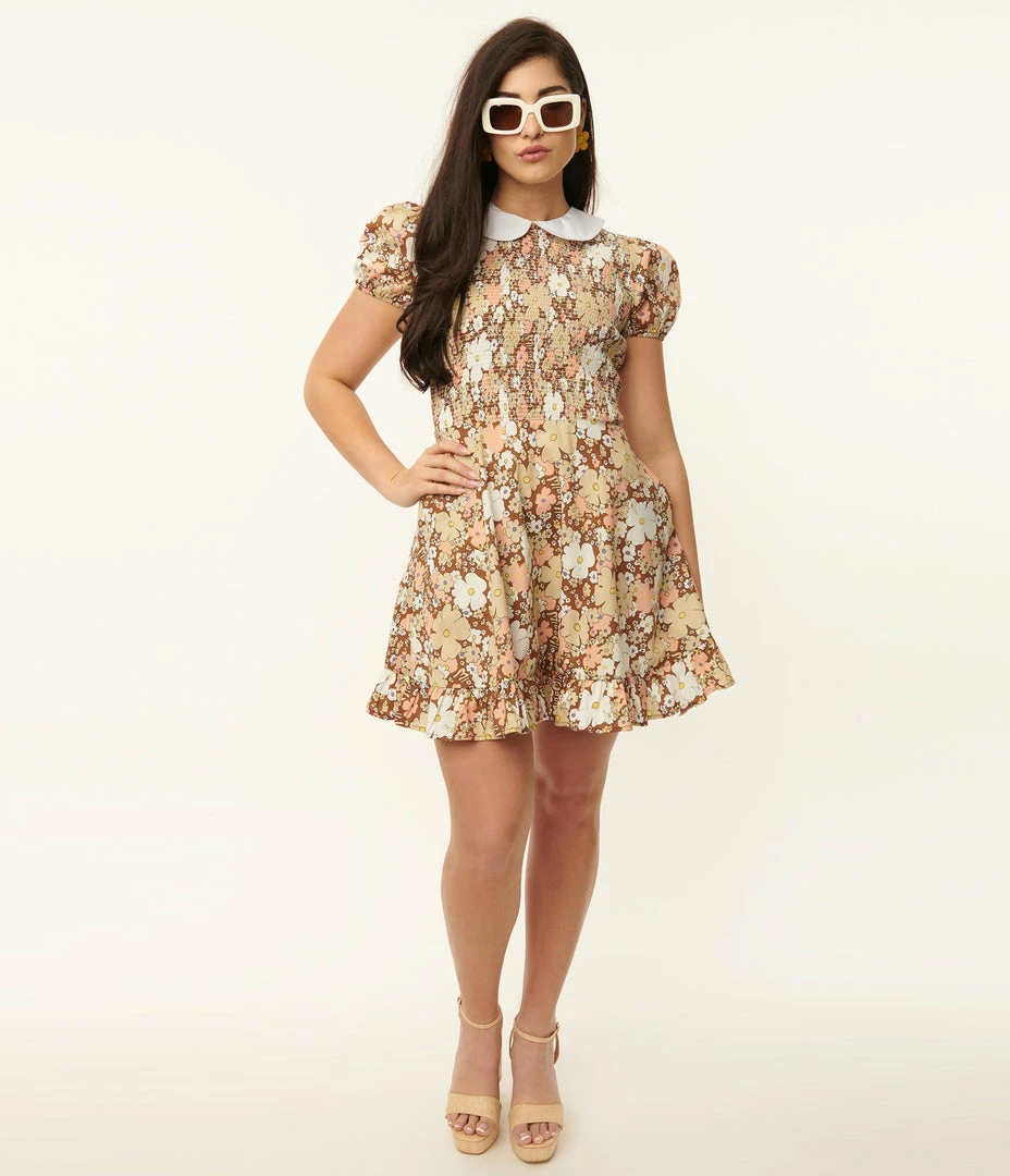 Smak Parlour Brown & Pink Floral Smocked Fit & Flare Dress Sale