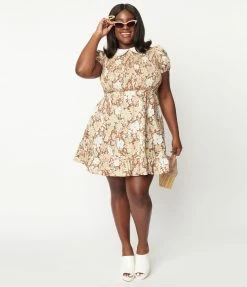 Smak Parlour Plus Size Brown & Pink Floral Smocked Fit & Flare Dress