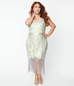 Clothing Unique Vintage Plus Size 1920s Ivory & Silver Sequin Flapper Dress
