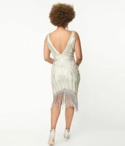 Unique Vintage 1920s Ivory & Silver Sequin Flapper Dress