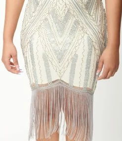 Unique Vintage 1920s Ivory & Silver Sequin Flapper Dress