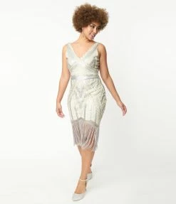 Unique Vintage 1920s Ivory & Silver Sequin Flapper Dress