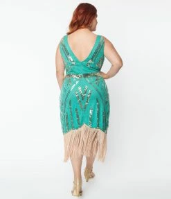 Unique Vintage Plus Size 1920s Turquoise & Gold Sequin Flapper Dress Flapper Dresses