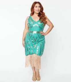 Unique Vintage Plus Size 1920s Turquoise & Gold Sequin Flapper Dress Flapper Dresses