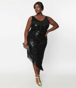 Unique Vintage Plus Size 1920s Black Beaded Asymmetrical Fringe Flapper Dress