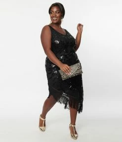 Unique Vintage Plus Size 1920s Black Beaded Asymmetrical Fringe Flapper Dress