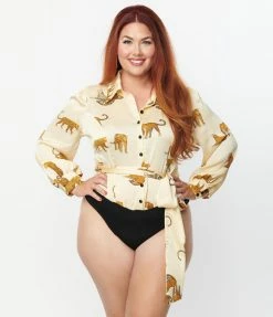 Clothing Unique Vintage Plus Size Ivory & Cheetah Cat Print Bodysuit