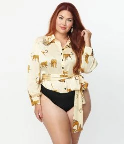 Clothing Unique Vintage Plus Size Ivory & Cheetah Cat Print Bodysuit
