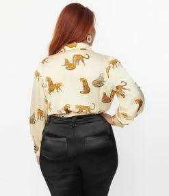 Clothing Unique Vintage Plus Size Ivory & Cheetah Cat Print Bodysuit