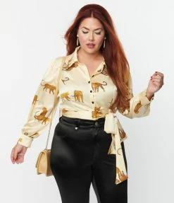 Clothing Unique Vintage Plus Size Ivory & Cheetah Cat Print Bodysuit