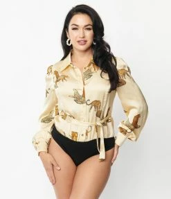 Unique Vintage Ivory & Cheetah Cat Print Bodysuit Clothing