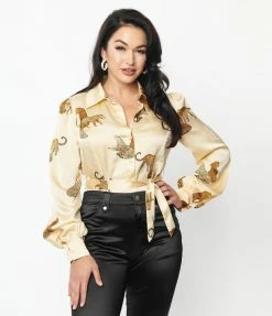 Unique Vintage Ivory & Cheetah Cat Print Bodysuit Clothing