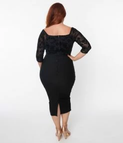 Unique Vintage Plus Size Black Floral Shailene Pencil Dress Sale