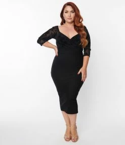 Unique Vintage Plus Size Black Floral Shailene Pencil Dress Sale