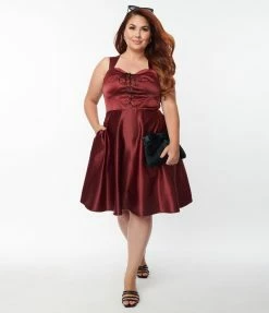 Unique Vintage Plus Size Burgundy Satin Corset Flare Dress Trending