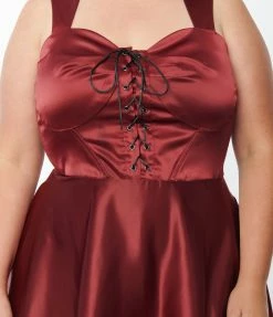 Unique Vintage Plus Size Burgundy Satin Corset Flare Dress Trending