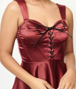 Unique Vintage Burgundy Satin Corset Flare Dress Trending